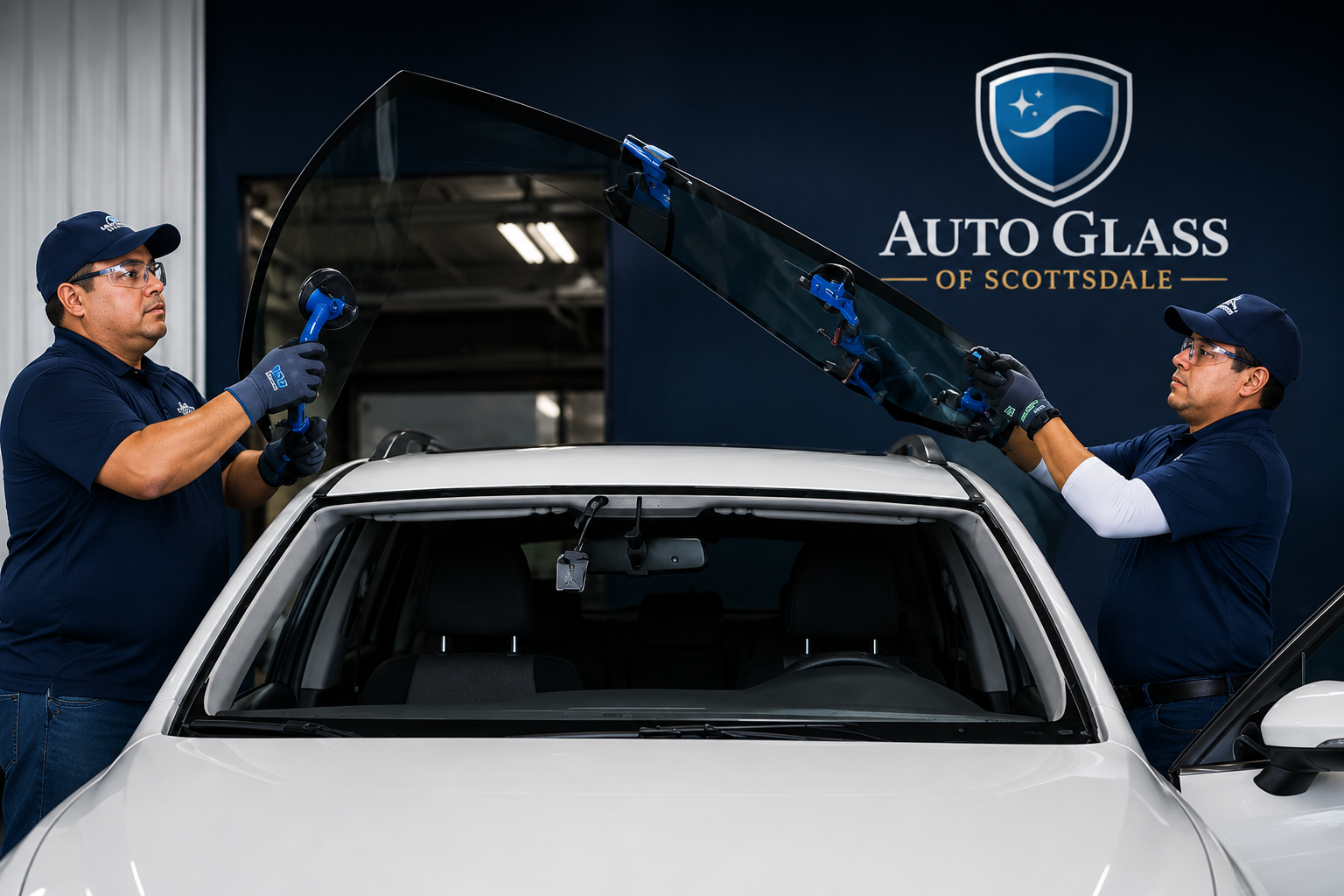Two East Valley Auto Glass technicians replacing a commercial truck windshield